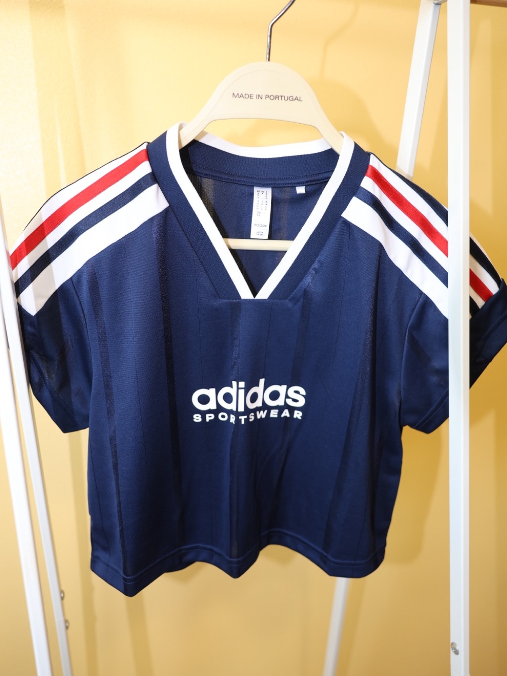 adidas Navy Short-Sleeve Sports Tee with Red & White Shoulder Stripes